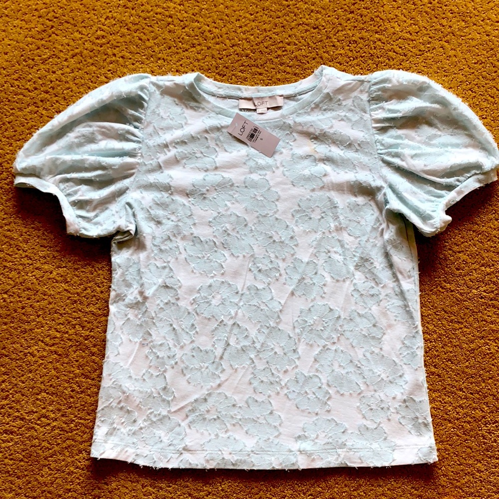 Light teal blue floral puff sleeve tee.